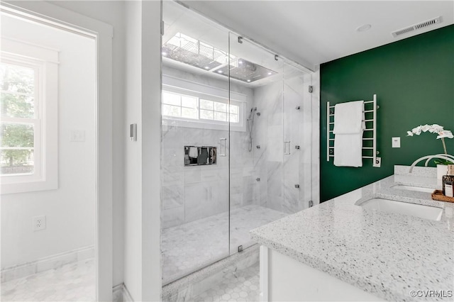 10102 Cherrywood Dr, Richmond, VA 23238 - full bathroom with a marble finish shower, marble look tiles, and double vanity