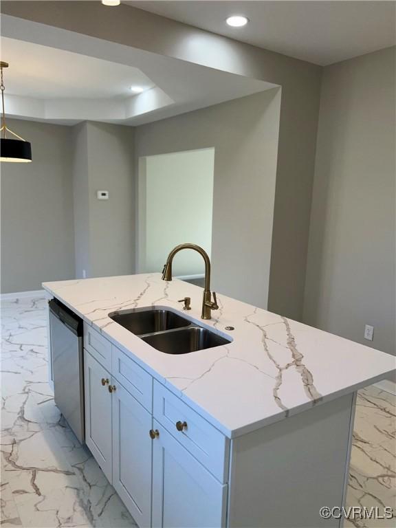 731 Wilson St, Petersburg, VA 23803 - kitchen with a sink, stainless steel dishwasher, light marble finish floors, recessed lighting, and a kitchen island with sink
