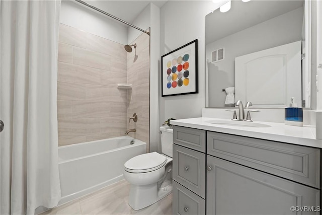 bathroom featuring shower / bath combo with shower curtain, toilet, visible vents, and vanity