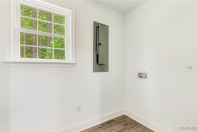 1684 Halls Store Rd, Mineral, VA 23117 - laundry room featuring electric panel, wood finished floors, laundry area, washer hookup, and baseboards
