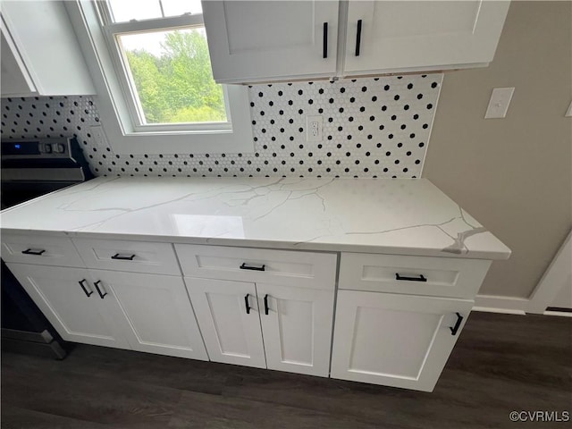 1506 Old Poole Rd, Alberta, VA 23821 - kitchen featuring light stone counters, white cabinets, decorative backsplash, and dark wood-type flooring