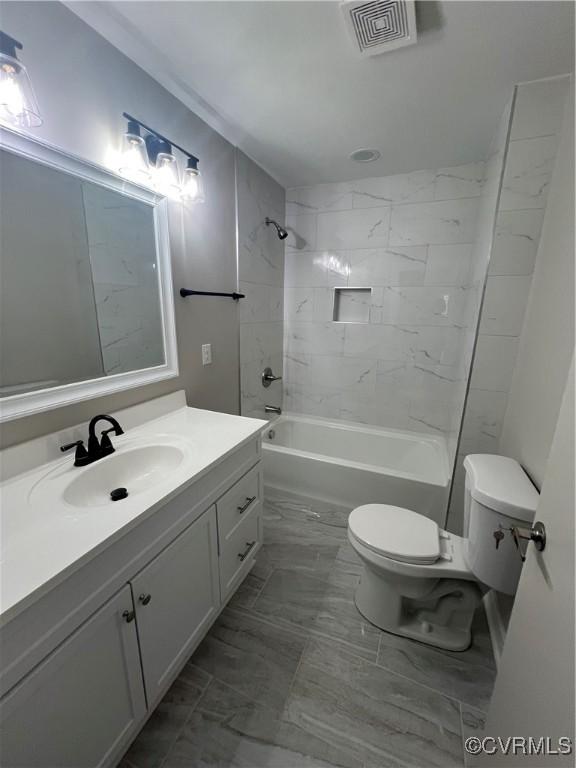 1506 Old Poole Rd, Alberta, VA 23821 - full bath featuring toilet, shower / tub combination, visible vents, marble finish floor, and vanity