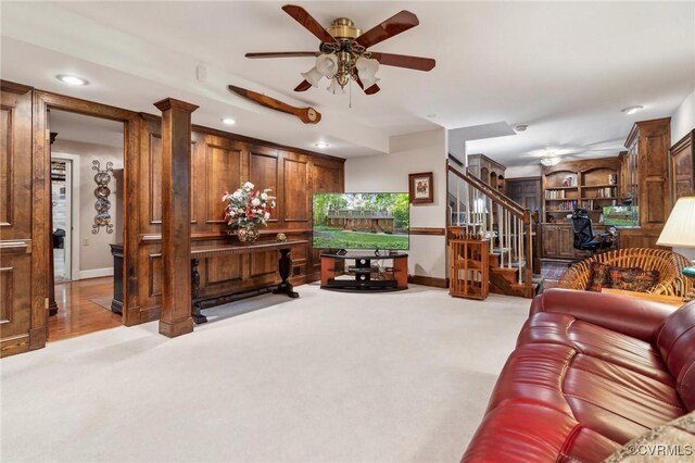 2410 Walhala Dr, North Chesterfield, VA 23236 - living room with ceiling fan, carpet floors, stairs, baseboards, and recessed lighting