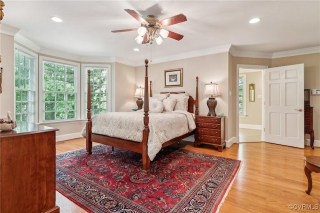2410 Walhala Dr, North Chesterfield, VA 23236 - bedroom featuring light wood-style floors, ornamental molding, baseboards, recessed lighting, and ceiling fan