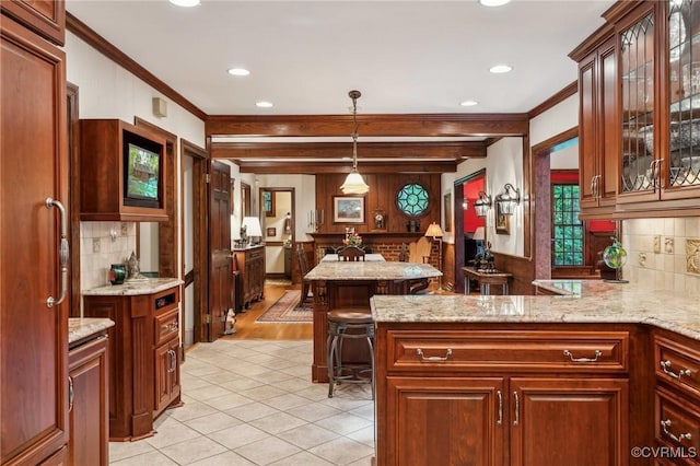 2410 Walhala Dr, North Chesterfield, VA 23236 - kitchen featuring backsplash, recessed lighting, beamed ceiling, hanging light fixtures, and light tile patterned floors