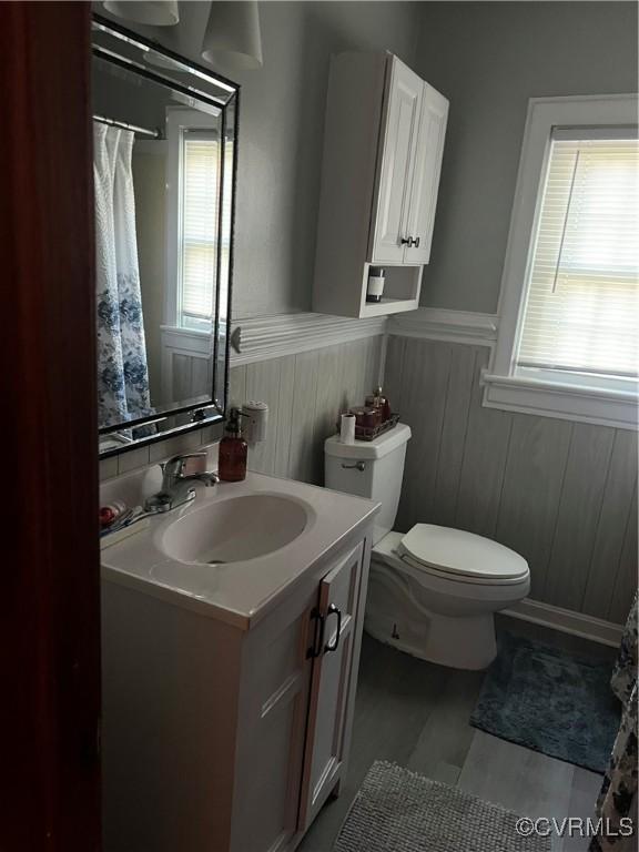full bath featuring wainscoting, vanity, toilet, and curtained shower