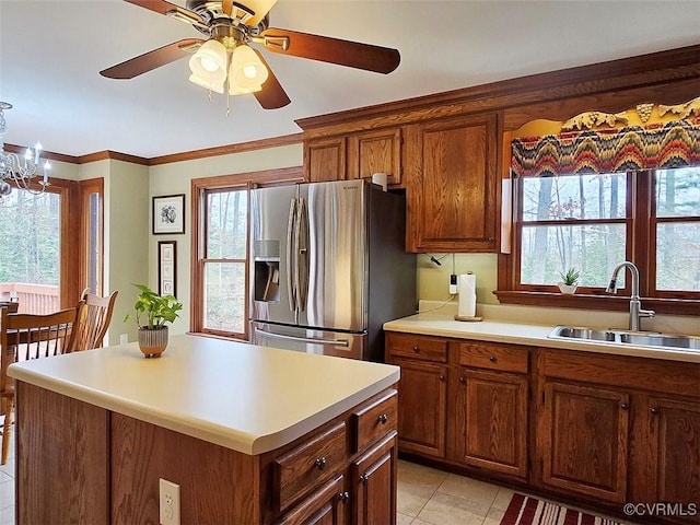 12448 Whisana Ln, Ashland, VA 23005 - kitchen featuring stainless steel refrigerator with ice dispenser, a sink, and plenty of natural light