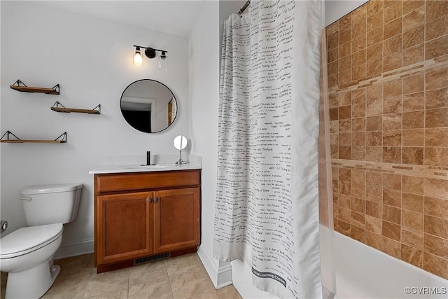 bathroom with shower / tub combo, toilet, tile patterned flooring, and vanity