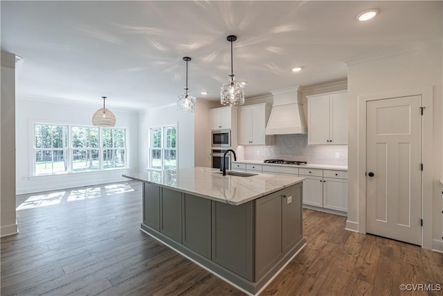15148 Johns Trace Cir, Montpelier, VA 23192 - kitchen with premium range hood, a sink, stainless steel appliances, backsplash, and white cabinets