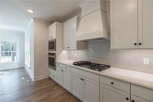15148 Johns Trace Cir, Montpelier, VA 23192 - kitchen with appliances with stainless steel finishes, custom exhaust hood, baseboards, dark wood finished floors, and decorative backsplash