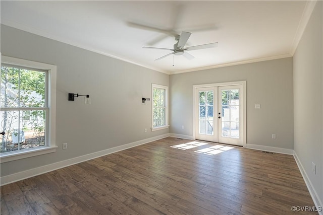 15148 Johns Trace Cir, Montpelier, VA 23192 - unfurnished room featuring crown molding, ceiling fan, french doors, dark wood-type flooring, and baseboards