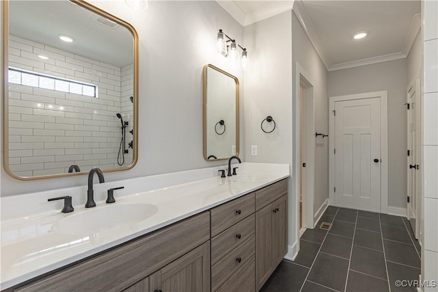 15148 Johns Trace Cir, Montpelier, VA 23192 - full bath featuring crown molding, tile patterned flooring, double vanity, and baseboards