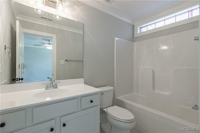 15148 Johns Trace Cir, Montpelier, VA 23192 - bathroom with toilet, vanity, a ceiling fan, and shower / washtub combination