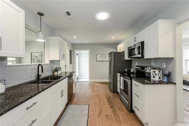 kitchen featuring stainless steel appliances, a sink, tasteful backsplash, white cabinetry, and recessed lighting