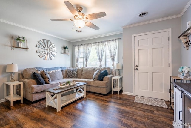 living area featuring ceiling fan, dark wood-style flooring, crown molding, and baseboards