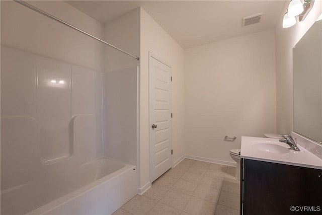 full bathroom with toilet, tile patterned floors, vanity, baseboards, and shower / bathtub combination