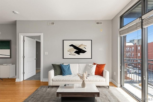 living room featuring wood finished floors and baseboards