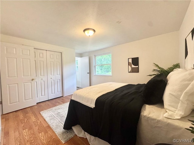 bedroom featuring light wood finished floors and a closet
