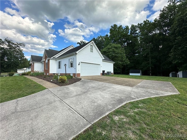 view of property exterior with concrete driveway, a storage unit, a garage, a lawn, and central AC
