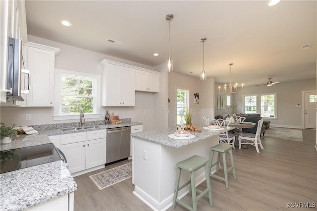 kitchen featuring stainless steel dishwasher, a sink, open floor plan, light wood finished floors, and plenty of natural light