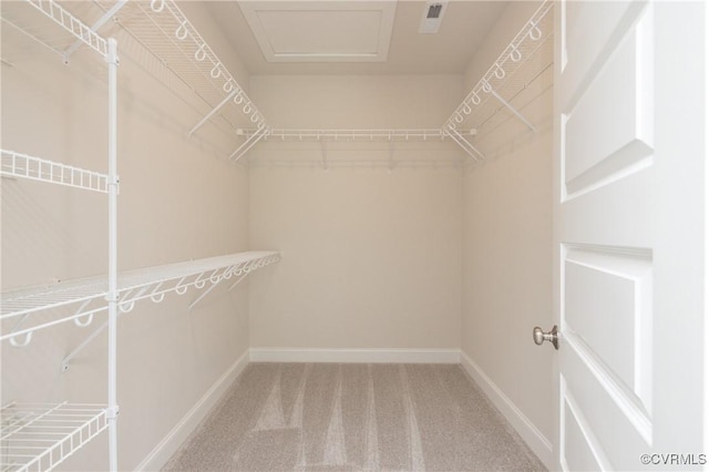 walk in closet with carpet flooring and attic access