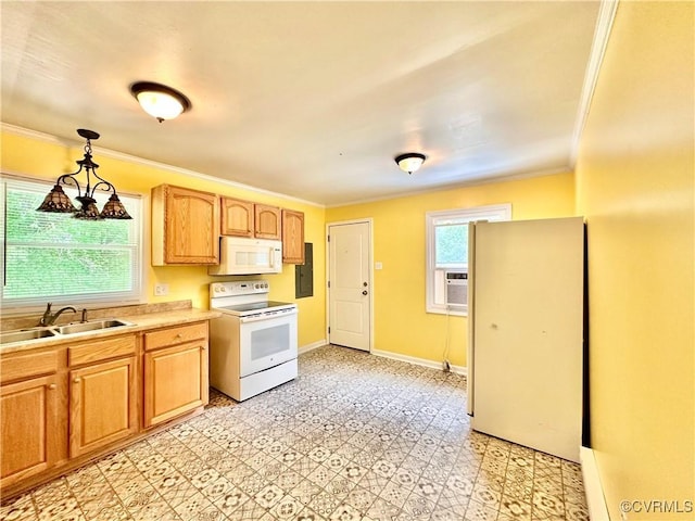 8920 Richard Ln, Rice, VA 23966 - kitchen with white appliances, a sink, ornamental molding, light countertops, and decorative light fixtures