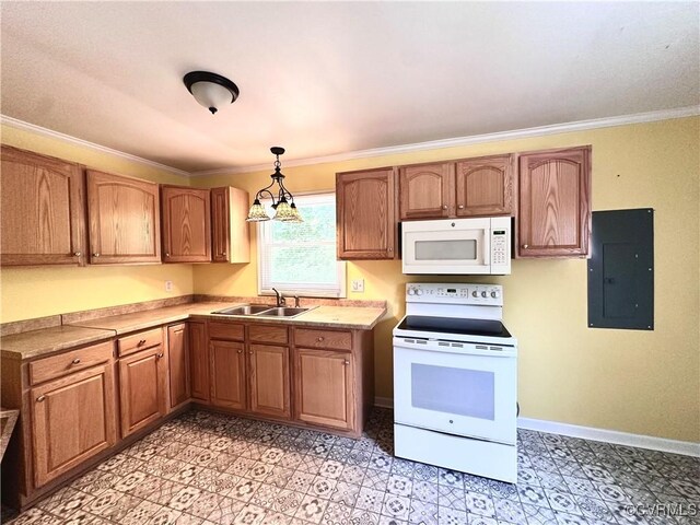 8920 Richard Ln, Rice, VA 23966 - kitchen featuring white appliances, electric panel, a sink, ornamental molding, and light countertops