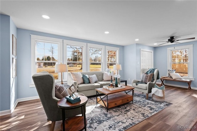 13130 The Glebe Ln, Charles City, VA 23030 - living room with wood finished floors, baseboards, recessed lighting, and ceiling fan