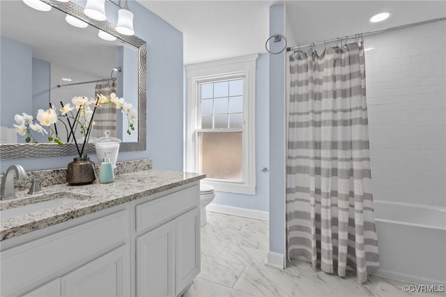 13130 The Glebe Ln, Charles City, VA 23030 - bathroom with healthy amount of natural light, marble finish floors, vanity, and shower / tub combo with curtain