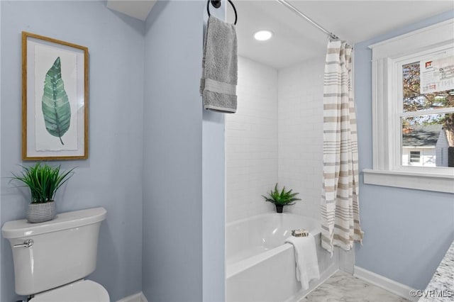 13130 The Glebe Ln, Charles City, VA 23030 - full bathroom featuring marble look tile flooring, shower / bath combo, toilet, and baseboards