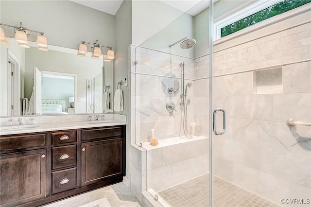 10527 Deerlake Dr, New Kent, VA 23124 - bathroom with a stall shower, double vanity, and connected bathroom