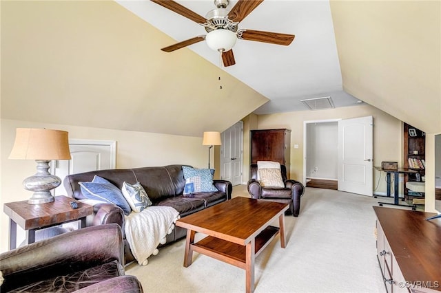10527 Deerlake Dr, New Kent, VA 23124 - living room with lofted ceiling, ceiling fan, and light carpet