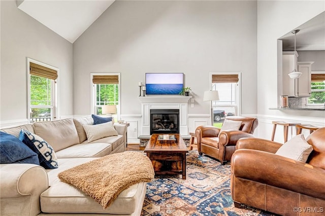 10527 Deerlake Dr, New Kent, VA 23124 - living area with high vaulted ceiling, a wainscoted wall, and a glass covered fireplace