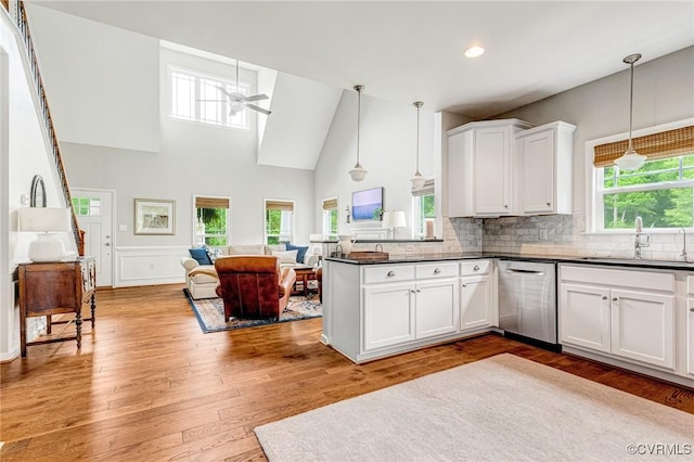 10527 Deerlake Dr, New Kent, VA 23124 - kitchen with stainless steel dishwasher, open floor plan, a sink, ceiling fan, and dark countertops