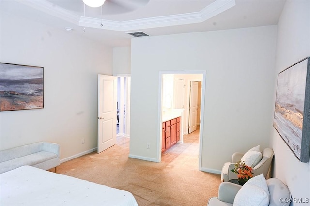 5801 Riverside Trl, Richmond, VA 23225 - bedroom featuring light colored carpet, crown molding, a tray ceiling, and baseboards