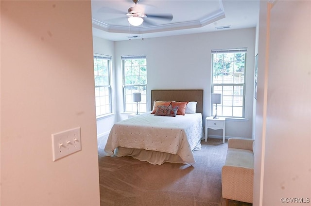 5801 Riverside Trl, Richmond, VA 23225 - bedroom with carpet flooring, a raised ceiling, ornamental molding, baseboards, and ceiling fan