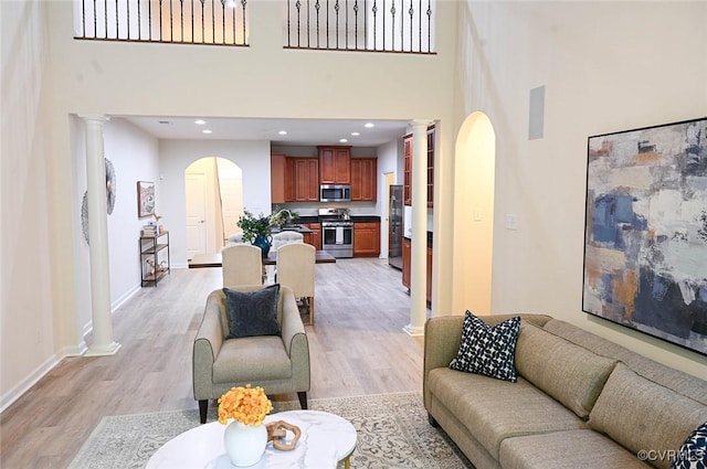 5801 Riverside Trl, Richmond, VA 23225 - living area featuring arched walkways, a towering ceiling, ornate columns, light wood-type flooring, and baseboards