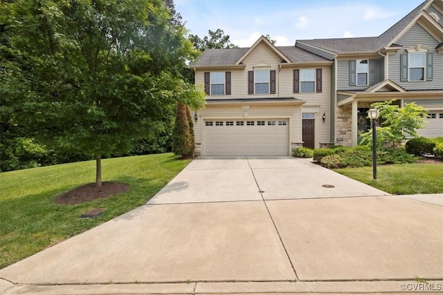 5801 Riverside Trl, Richmond, VA 23225 - view of front of house with a garage, stone siding, a front lawn, and driveway