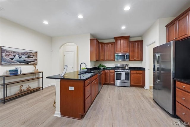 5801 Riverside Trl, Richmond, VA 23225 - kitchen with appliances with stainless steel finishes, a sink, light wood-style flooring, arched walkways, and a peninsula