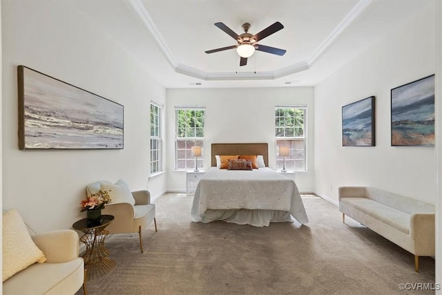 5801 Riverside Trl, Richmond, VA 23225 - bedroom featuring ornamental molding, carpet, a tray ceiling, a ceiling fan, and baseboards