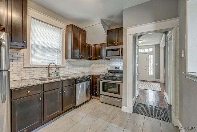 kitchen featuring stainless steel appliances, a sink, tasteful backsplash, and dark brown cabinets