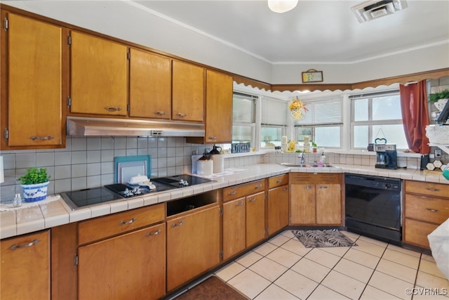 12060 Pinhook Rd, Hanover, VA 23146 - kitchen featuring black appliances, under cabinet range hood, a sink, and decorative backsplash