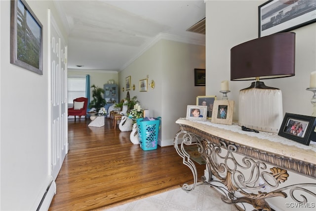 12060 Pinhook Rd, Hanover, VA 23146 - corridor with crown molding, wood finished floors, a baseboard heating unit, and baseboards