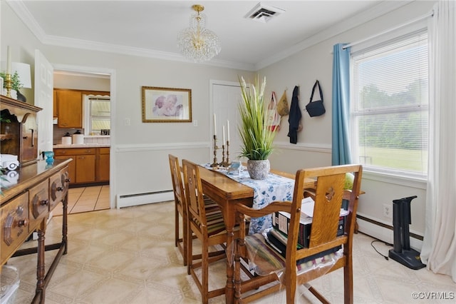 12060 Pinhook Rd, Hanover, VA 23146 - dining area with a baseboard heating unit, a chandelier, and ornamental molding