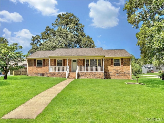 ranch-style home featuring a porch, brick siding, and roof with shingles