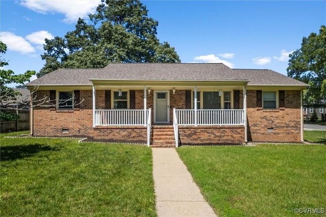 ranch-style house featuring crawl space, brick siding, and a porch