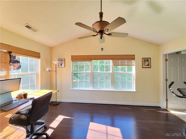 office space featuring lofted ceiling, dark wood-style floors, and healthy amount of natural light