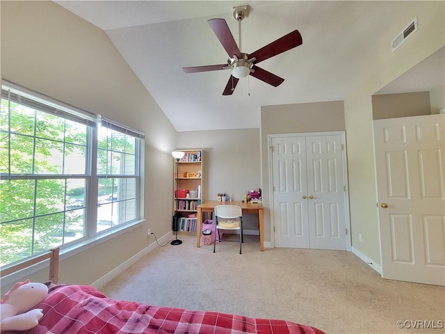 bedroom featuring multiple windows, carpet, lofted ceiling, baseboards, and a closet