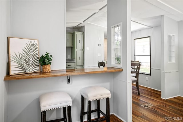 bar with dark wood-type flooring