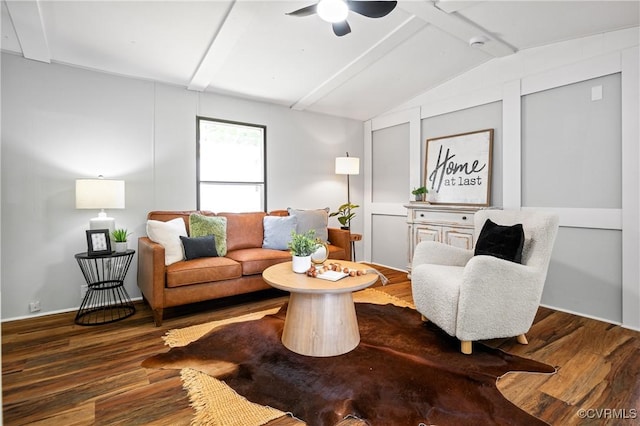 living area with wood finished floors and ceiling fan